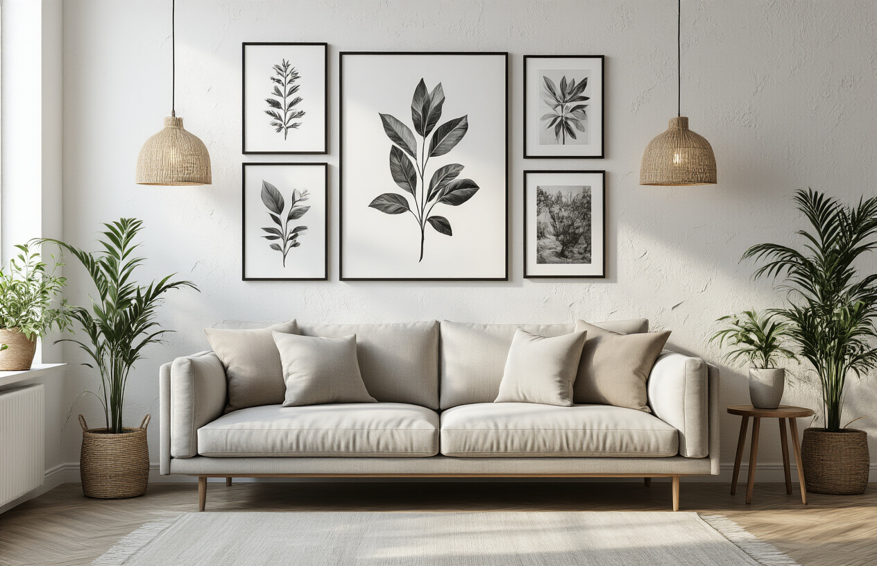 Create a realistic image of an elegant living room wall featuring a gallery wall arrangement with diverse, budget-friendly artwork including framed botanical prints, abstract paintings, and black-and-white photography, positioned above a modern sofa with neutral cushions, warm ambient lighting casting soft shadows on the textured white wall, potted plants nearby adding natural elements, creating an upscale aesthetic that appears expensive despite being affordable decor, absolutely NO text should be in the scene.