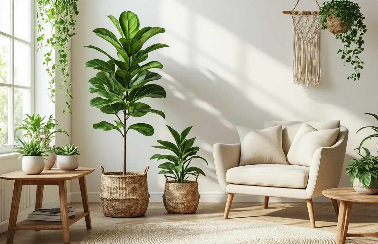 Create a realistic image of an elegant living room corner featuring various green plants including a large fiddle leaf fig tree in a woven basket, small potted succulents on a wooden side table, and trailing pothos hanging from a macrame plant hanger, with natural sunlight streaming through a window creating soft shadows, modern budget-friendly furniture including a beige accent chair and wooden coffee table, neutral color palette with white walls and natural wood tones, creating a fresh and sophisticated atmosphere that appears expensive despite being affordable, absolutely NO text should be in the scene.