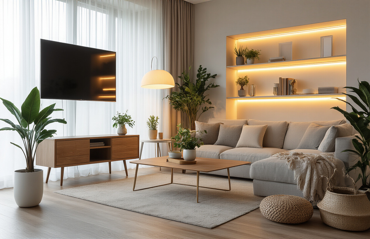 Create a realistic image of a modern living room showcasing strategic lighting design with multiple light sources including a stylish floor lamp with warm ambient lighting, elegant table lamps on side tables, subtle LED strip lights behind a mounted TV or along shelving, and natural light filtering through sheer curtains, featuring budget-friendly furniture like a comfortable sofa, wooden coffee table, and decorative plants, with warm golden and soft white lighting creating layers of illumination that make the affordable decor appear luxurious and expensive, shot from a corner angle to capture the lighting effects throughout the room, absolutely NO text should be in the scene.