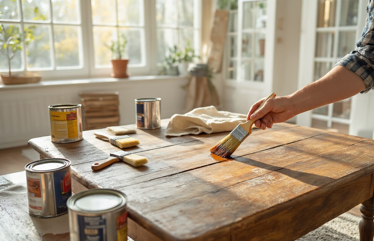 Create a realistic image of hands applying wood stain to an old wooden coffee table using a brush, with DIY supplies like sandpaper, paint cans, brushes, and drop cloths scattered around on a bright living room floor, natural daylight streaming through windows creating a warm productive atmosphere, showing the transformation process from worn furniture to refreshed piece, absolutely NO text should be in the scene.