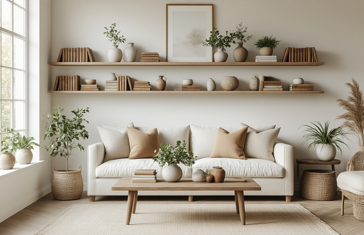 Create a realistic image of an elegant living room showcasing multiple curated collections displayed on floating shelves, a coffee table, and side tables, featuring grouped items like vintage books, small potted plants, decorative vases in matching colors, framed artwork, and ceramic objects arranged in visually pleasing clusters, with warm natural lighting from a large window, neutral color palette of whites, beiges, and soft greens, creating an expensive-looking yet accessible aesthetic, shot from a slightly elevated angle to show the thoughtful arrangement of collections throughout the space, absolutely NO text should be in the scene.