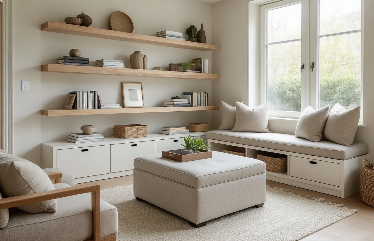 Create a realistic image of a stylish living room featuring multifunctional storage furniture including a sleek ottoman with hidden storage topped with decorative books and a small plant, floating wall shelves displaying both books and decorative objects, a modern coffee table with built-in drawers, and a storage bench beneath a window with cozy throw pillows, all arranged in warm natural lighting that highlights the dual functionality of each piece as both storage and decorative elements, with a neutral color palette of whites, beiges, and soft grays creating an expensive look on a budget, absolutely NO text should be in the scene.