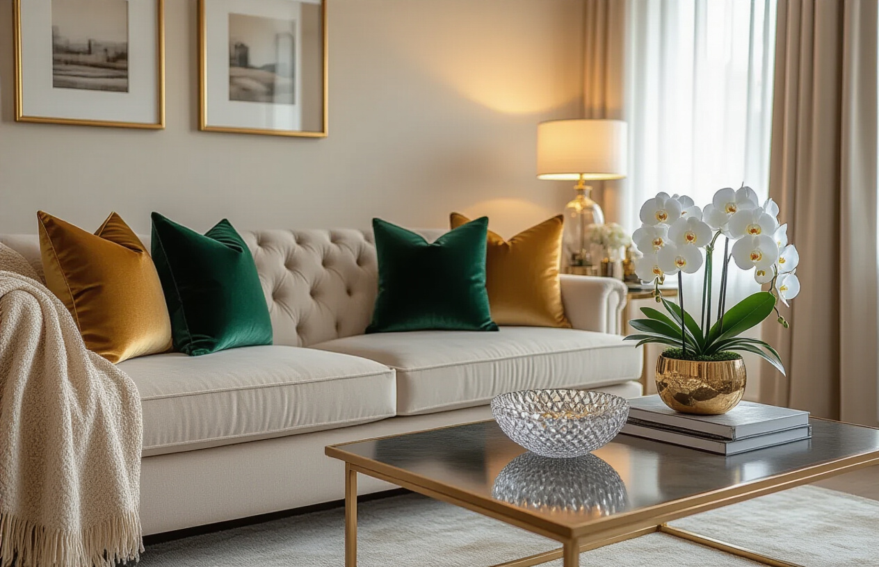 Create a realistic image of an elegant living room showcasing luxury details through small affordable changes, featuring a neutral-toned sofa with plush velvet throw pillows in gold and emerald green, a sleek coffee table with a decorative crystal bowl and fresh white orchids, metallic gold picture frames on a side table, warm ambient lighting from a stylish table lamp with a fabric shade, and subtle decorative elements like a textured throw blanket and a small potted plant, all photographed with soft natural lighting creating an upscale atmosphere, absolutely NO text should be in the scene.
