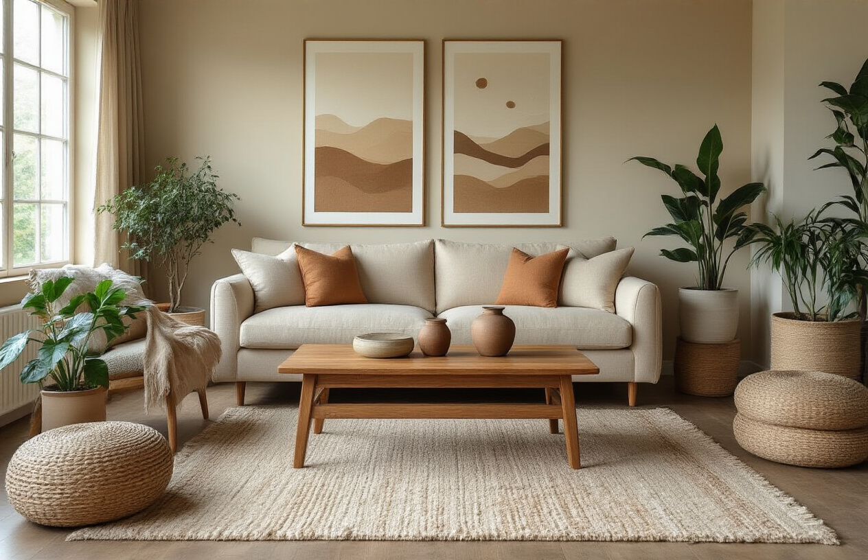 Create a realistic image of a stylish living room showcasing perfect color coordination with a cohesive design palette featuring a beige sofa with matching throw pillows, a wooden coffee table with coordinated accessories, wall art in complementary earth tones, a soft area rug that ties the color scheme together, plants in neutral-toned pots, and warm ambient lighting that enhances the harmonious color flow throughout the space, shot from a wide angle to capture the complete coordinated design, absolutely NO text should be in the scene.