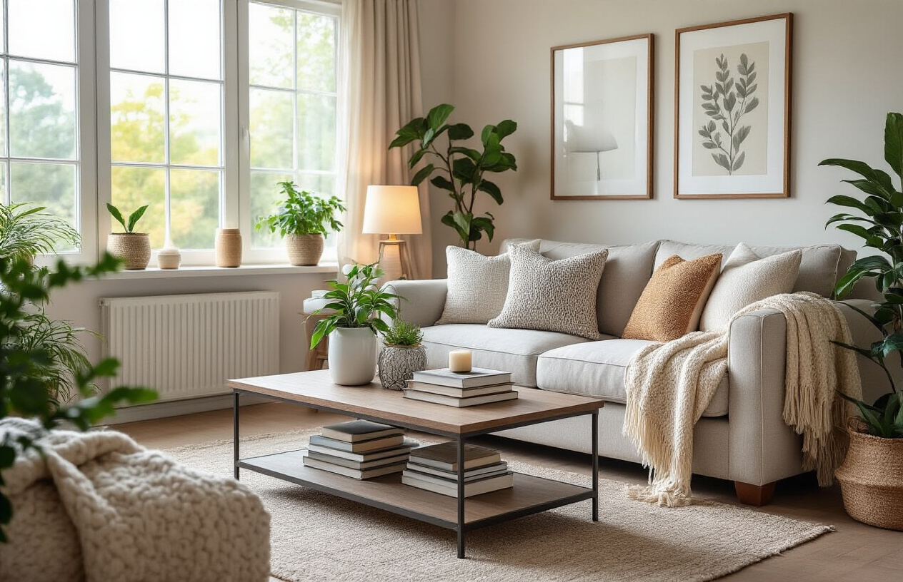 Create a realistic image of a beautifully transformed living room showcasing multiple budget-friendly decor elements that appear luxurious and expensive, featuring a comfortable sofa with decorative throw pillows, a stylish coffee table with carefully arranged books and a small plant, wall art or framed prints creating visual interest, ambient lighting from table lamps or string lights, houseplants adding natural greenery, textured throw blankets draped elegantly, and decorative accessories like candles or vases, all arranged in a warm and inviting space with soft natural lighting streaming through a window, creating a cozy and sophisticated atmosphere that demonstrates the successful implementation of affordable yet elegant interior design ideas, absolutely NO text should be in the scene.