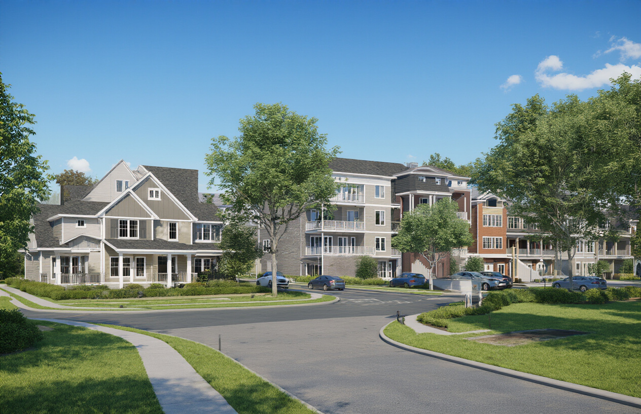 Create a realistic image of a diverse collection of residential properties including a modern single-family house, a multi-story apartment building, and a row of townhouses, all showcased in a well-planned suburban neighborhood with manicured lawns, paved driveways, and mature trees, under bright daylight with clear blue skies, conveying a prosperous and investment-worthy real estate market atmosphere, absolutely NO text should be in the scene.