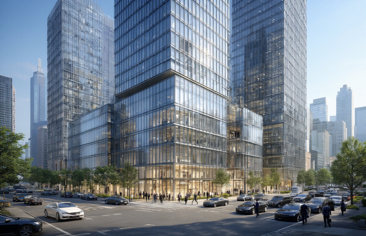 Create a realistic image of a modern commercial office building complex with glass facades and steel architecture, featuring multiple high-rise towers with ground-level retail spaces, busy parking areas with luxury cars, well-dressed business professionals of diverse races and genders walking near the entrance, urban cityscape background with financial district skyscrapers, bright daylight with clear blue sky, professional corporate atmosphere suggesting high-value investment property, absolutely NO text should be in the scene.