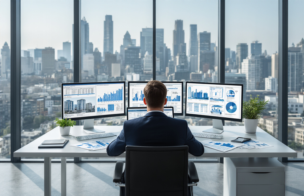 Create a realistic image of a modern office setting with a white male professional in a business suit sitting at a sleek desk reviewing financial documents and charts related to REITs, with multiple property images displayed on computer monitors showing apartment buildings, office complexes, and commercial properties, surrounded by investment portfolios and financial reports spread across the desk, in a well-lit contemporary office environment with floor-to-ceiling windows showing a city skyline in the background, conveying a professional and prosperous atmosphere focused on passive real estate investment strategies, absolutely NO text should be in the scene.