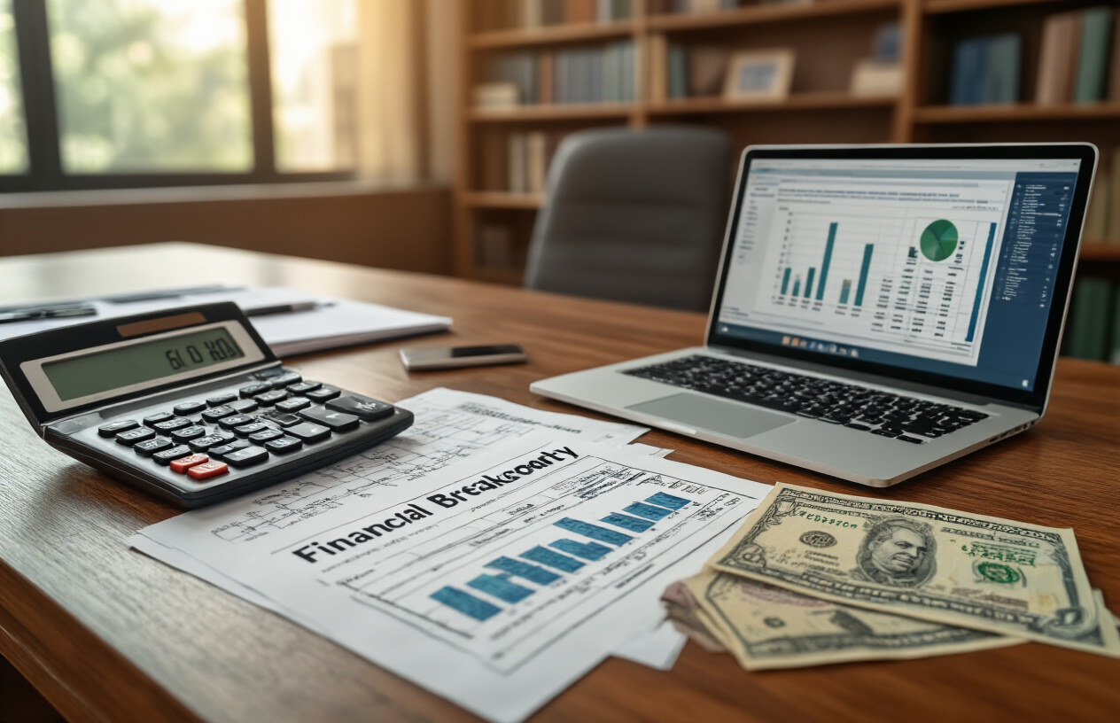Create a realistic image of a modern university administrative office desk with organized financial documents, fee breakdown charts, calculator, laptop computer showing spreadsheet data, Pakistani rupee currency notes, and official university letterheads scattered across a wooden desk surface, with a professional indoor office setting featuring warm lighting and bookshelves in the background, absolutely NO text should be in the scene.
