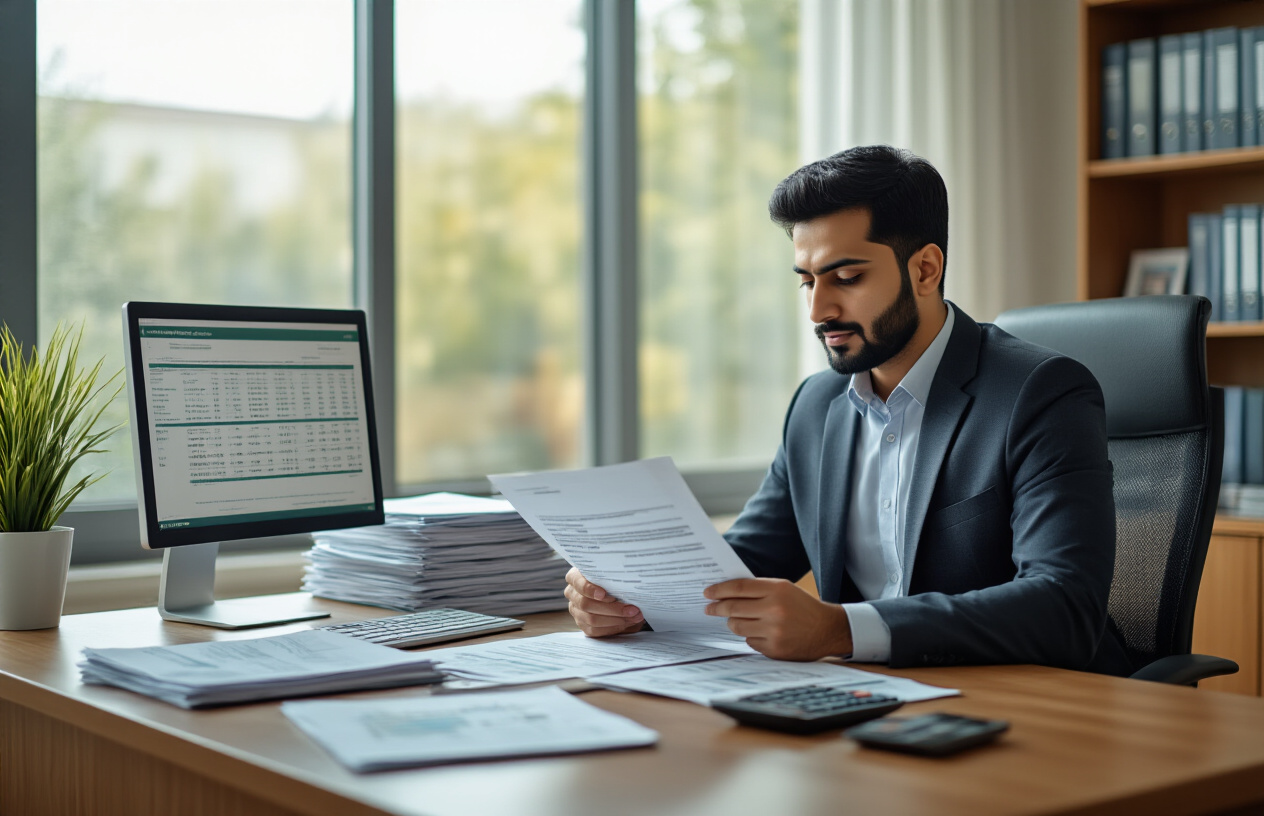 Create a realistic image of a modern university finance office with a Pakistani male administrator in business attire sitting at a clean wooden desk reviewing official university fee documents, with a computer displaying financial spreadsheets, stacks of organized paperwork, a calculator, and official university brochures visible on the desk, bright natural lighting from large windows, professional academic environment with bookshelves and diploma certificates on the walls, warm and welcoming atmosphere suggesting student financial guidance, absolutely NO text should be in the scene.
