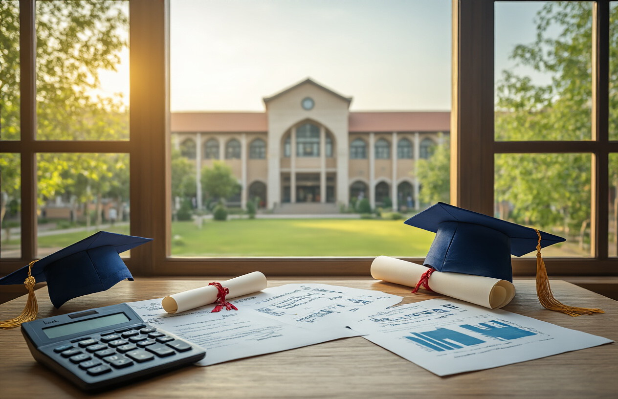 Create a realistic image of a modern university campus setting with graduation caps, diploma scrolls, and calculator on a wooden desk, Pakistani university building visible in the background, scattered education-related documents and charts showing different academic levels, warm natural lighting from a window, professional academic atmosphere, absolutely NO text should be in the scene.