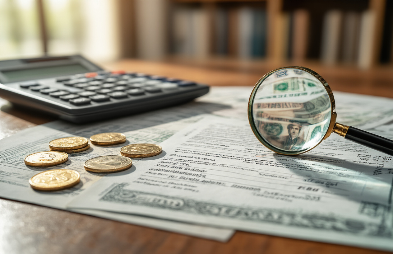 Create a realistic image of a close-up view of financial documents spread across a wooden desk showing calculator, Pakistani rupee bills, coins, and official university fee statements with magnifying glass revealing fine print details, warm office lighting creating shadows across the papers, professional indoor setting with blurred bookshelves in background, emphasizing the concept of examining hidden educational costs, absolutely NO text should be in the scene.