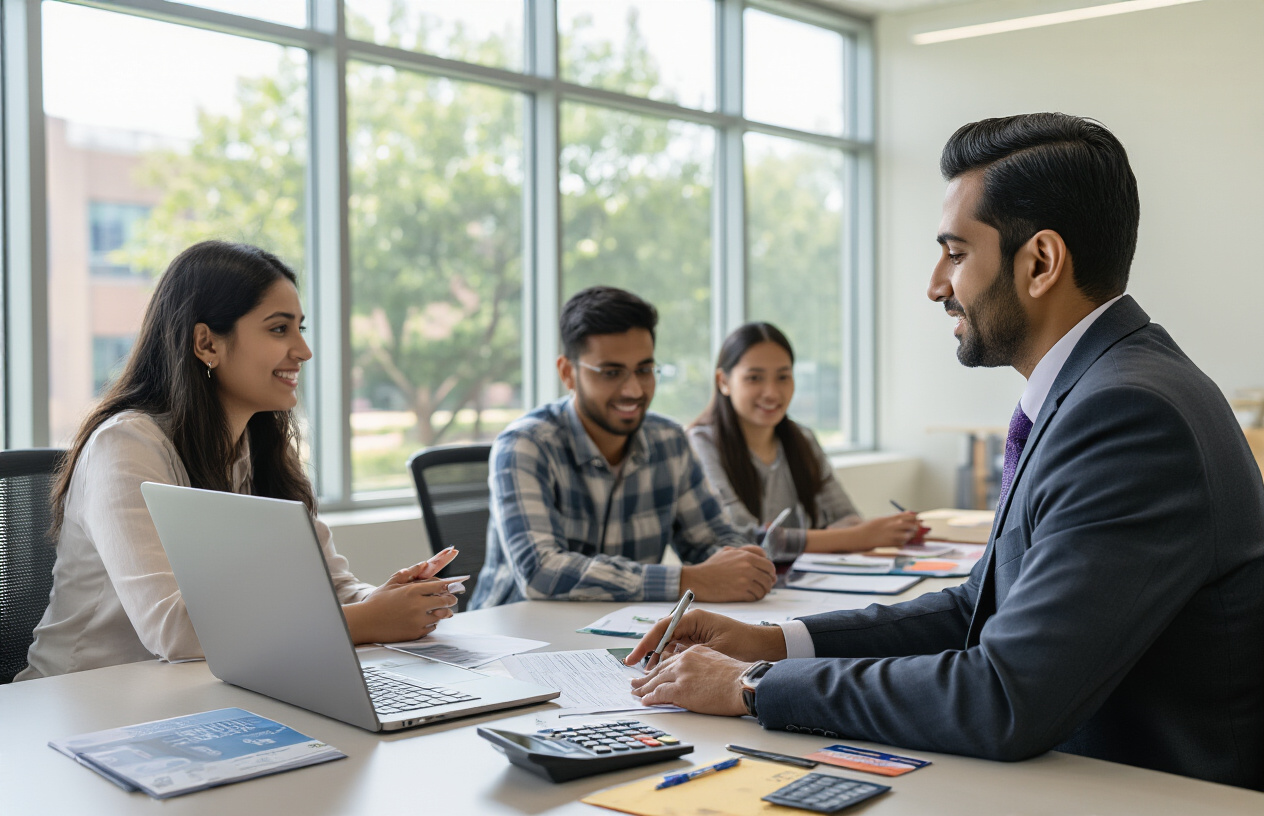 Create a realistic image of a modern university financial office interior with a professional South Asian male financial advisor sitting at a clean desk across from a diverse group of students (one white female, one black male, one Asian female) discussing payment options, with visible elements including a laptop computer, calculator, credit cards, bank forms, and scholarship documents spread on the desk, bright natural lighting from large windows, contemporary office furniture, and a welcoming professional atmosphere, absolutely NO text should be in the scene.