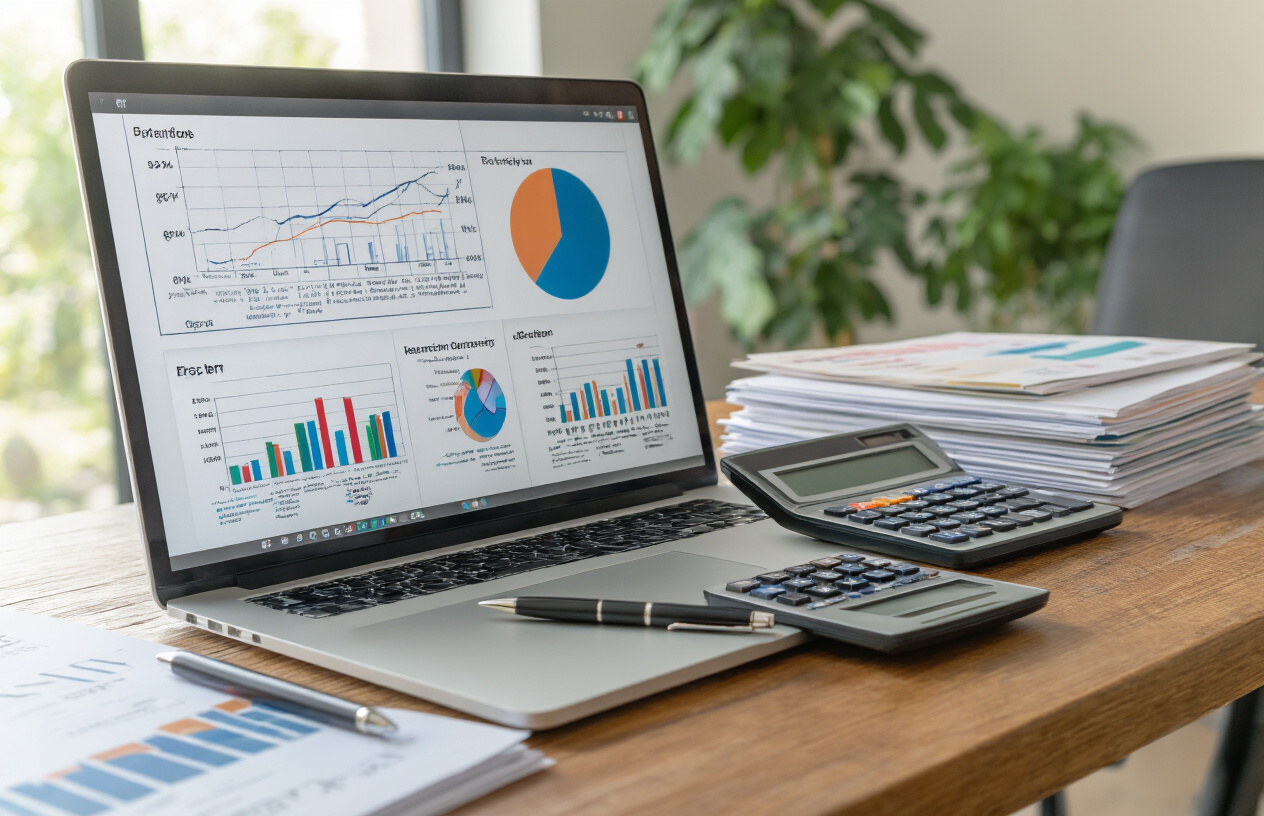 Create a realistic image of a modern office desk with financial charts and graphs displayed on a laptop screen showing comparative fee structures, colorful bar charts and pie charts visible on the monitor, calculator and pen placed beside the laptop, stack of university brochures and documents spread on the wooden desk surface, bright natural lighting coming from a window, clean professional office environment with neutral colors, absolutely NO text should be in the scene.