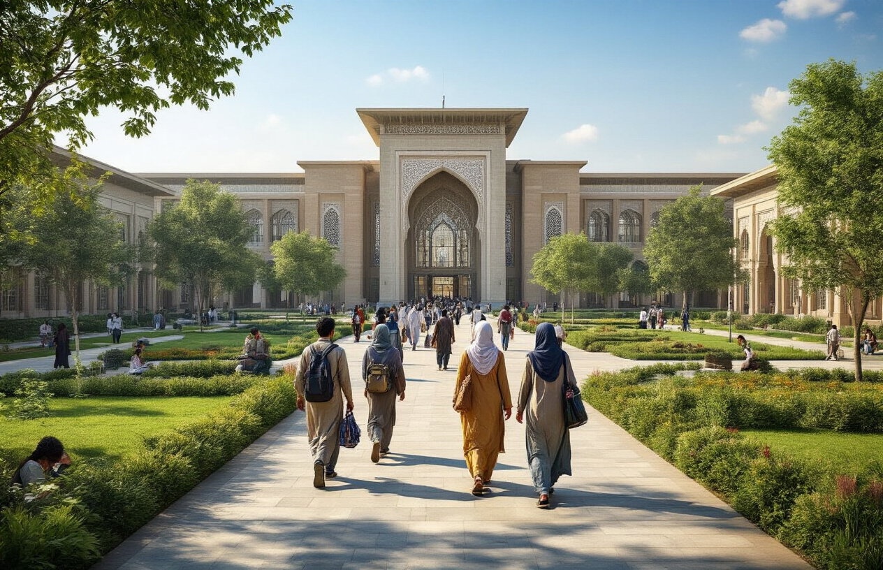 Create a realistic image of a modern Pakistani university campus building with Islamic architectural elements, showing students of diverse backgrounds (South Asian male and female, wearing both traditional and modern clothing) walking on well-maintained pathways, with the university's main administrative building prominently featured in the background, lush green landscaping, clear blue sky, bright natural daylight creating a welcoming and academic atmosphere, some students carrying books and bags suggesting academic activities, absolutely NO text should be in the scene.