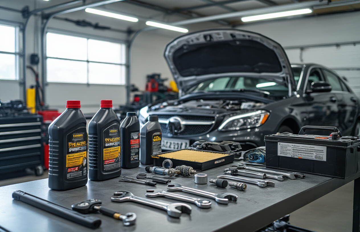 Create a realistic image of a well-organized garage workspace with various car maintenance tools and equipment laid out on a clean workbench, including motor oil bottles, air filter, spark plugs, wrench set, tire pressure gauge, and car battery, with a partially visible car hood open in the background showing a clean engine bay, bright workshop lighting illuminating the scene, creating a professional and methodical atmosphere that conveys proper vehicle maintenance preparation, absolutely NO text should be in the scene.