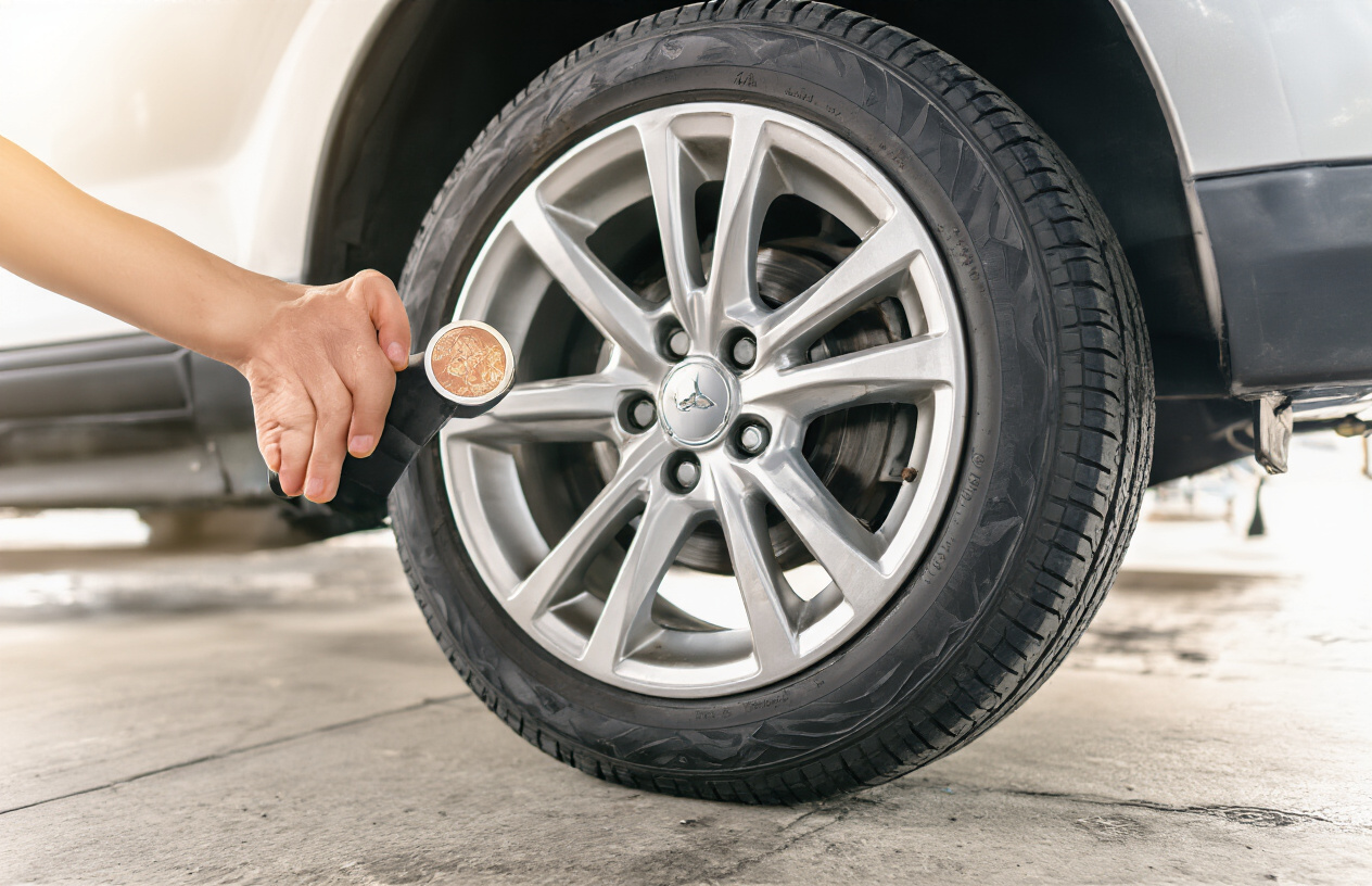 Create a realistic image of a close-up view of a car tire being inspected, showing a person's hands checking the tire tread depth with a penny or tire gauge, with the car wheel well and part of the vehicle's body visible in the background, shot in a garage or driveway setting with natural lighting that emphasizes the tire's condition and tread pattern, absolutely NO text should be in the scene.