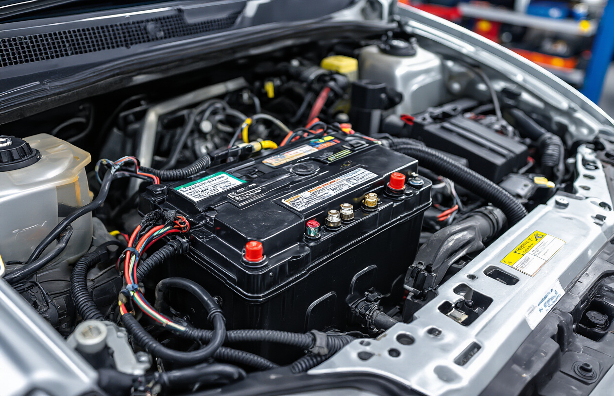 Create a realistic image of a car engine bay with focus on a clean car battery with visible positive and negative terminals, electrical cables and wiring harnesses neatly organized, alternator visible in the background, engine compartment well-lit showing various electrical components like fuses and connectors, professional automotive workshop lighting, clean and maintained appearance suggesting proper electrical system maintenance, absolutely NO text should be in the scene.