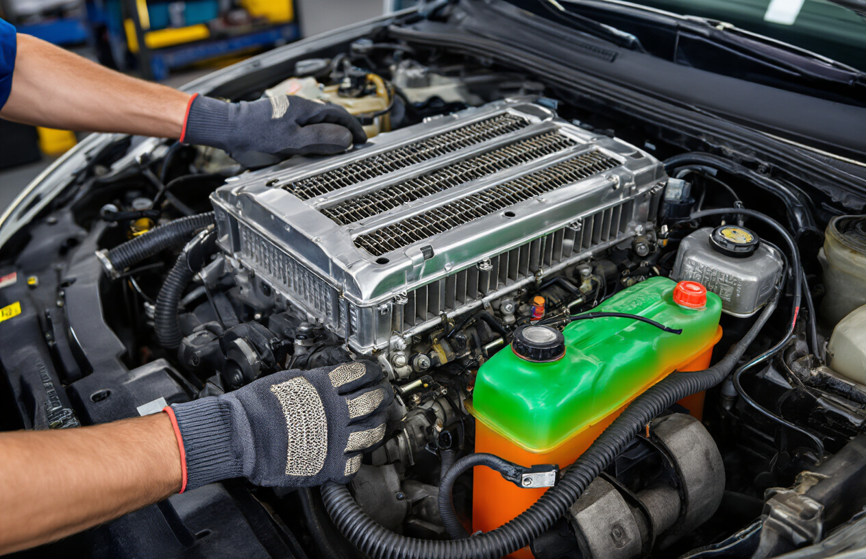 Create a realistic image of a car engine bay with focus on the cooling system components including a radiator with visible cooling fins, coolant reservoir tank filled with bright green or orange coolant, radiator hoses, and cooling fan, with a mechanic's hands wearing work gloves performing maintenance on the cooling system, shot from above at an angle to show the intricate details of the engine compartment, with good lighting highlighting the metallic surfaces and colorful coolant, in a clean automotive garage setting with tools visible in the background, absolutely NO text should be in the scene.