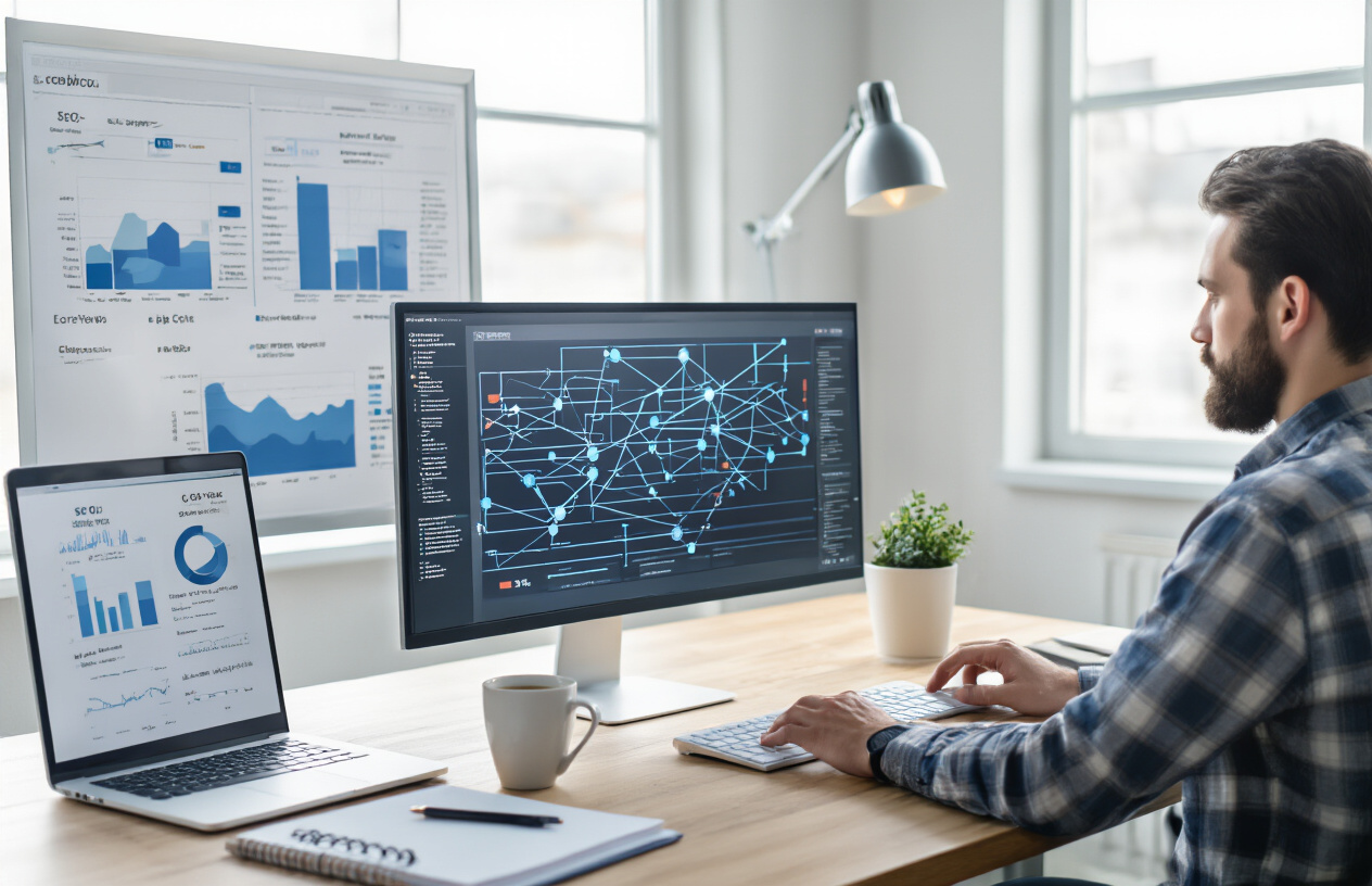 How to Complete a Topical Map SEO for Better Rankings 3 Create a realistic image of a modern office workspace showing a large computer monitor displaying a complex network diagram with interconnected nodes and branches representing website topic relationships, surrounded by SEO analytics charts and graphs on the desk, with a professional white male digital marketer in his 30s analyzing the data, clean organized desk setup with notebooks and a coffee cup, bright natural lighting from a nearby window, focused concentrated mood, absolutely NO text should be in the scene.