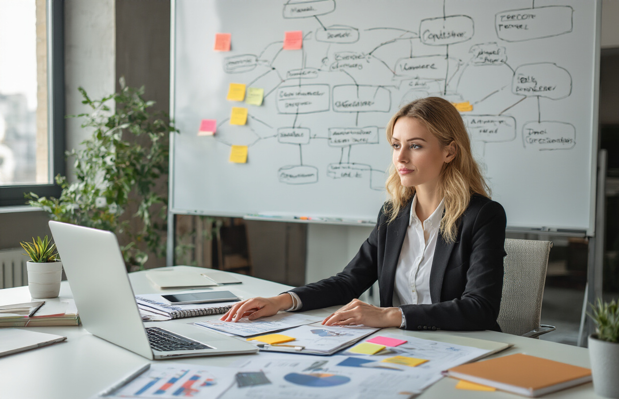 How to Complete a Topical Map SEO for Better Rankings 4 Create a realistic image of a white female marketing professional sitting at a modern desk with a laptop computer, surrounded by research materials including notebooks, sticky notes, and printed documents spread across the workspace, with a large whiteboard in the background showing mind maps and topic clusters connected by lines, in a bright contemporary office setting with natural lighting from a window, conveying a focused and organized research atmosphere. Absolutely NO text should be in the scene.