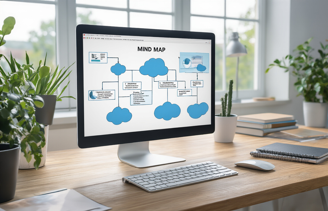 How to Complete a Topical Map SEO for Better Rankings 5 Create a realistic image of a digital mind map or flowchart structure displayed on a computer screen showing interconnected topic bubbles and hierarchical content organization, with a modern workspace background featuring a clean desk, keyboard, and notebooks, captured in bright natural lighting from a window, creating a professional and organized atmosphere for SEO content planning. Absolutely NO text should be in the scene.