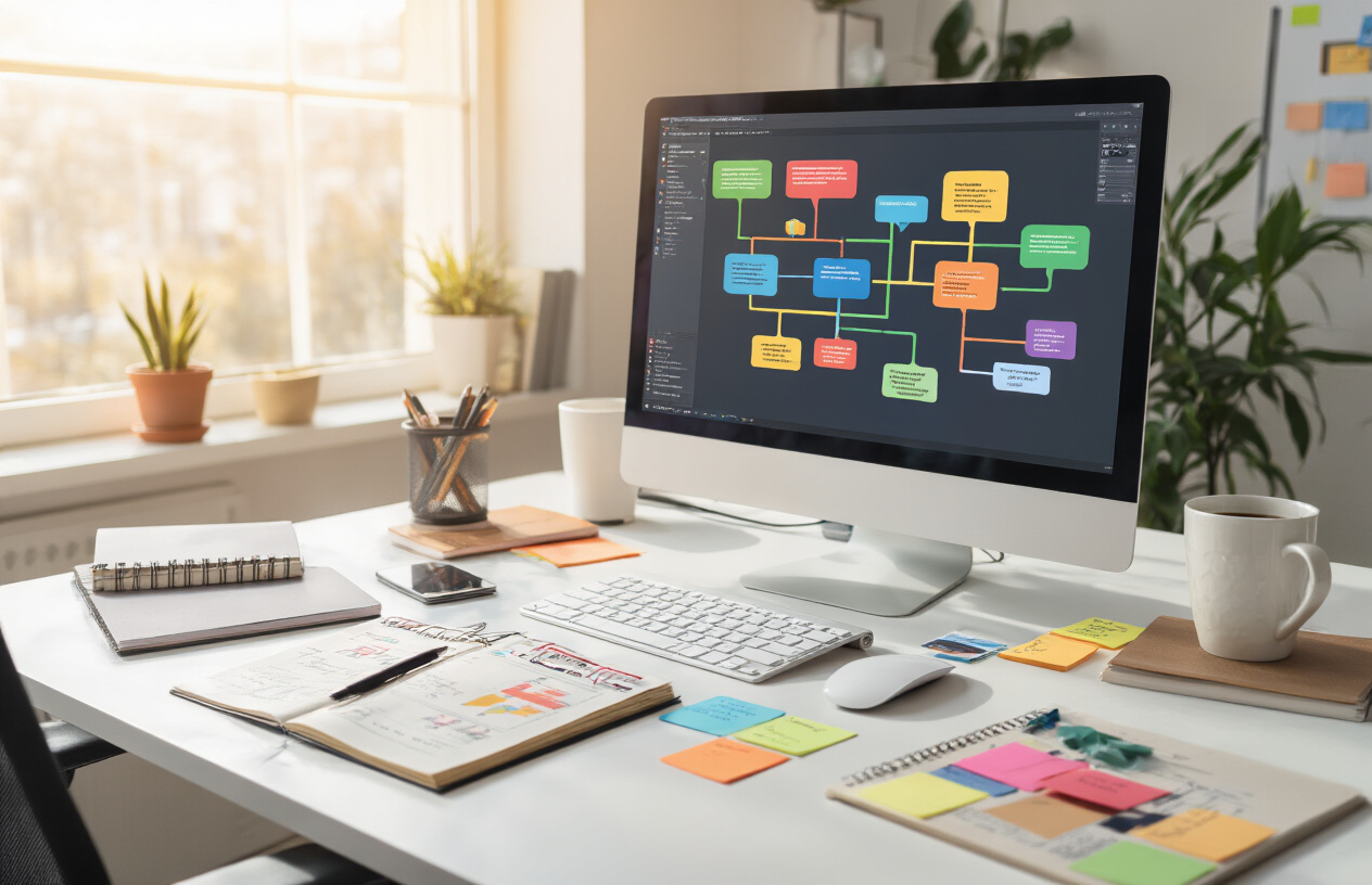 How to Complete a Topical Map SEO for Better Rankings 6 Create a realistic image of a modern office workspace with a computer monitor displaying multiple connected content clusters as colorful mind map branches, with various topic cards and sticky notes spread across a white desk, surrounded by notebooks, pens, and a coffee cup, featuring warm natural lighting from a nearby window, creating a productive and organized atmosphere for content development work, absolutely NO text should be in the scene.
