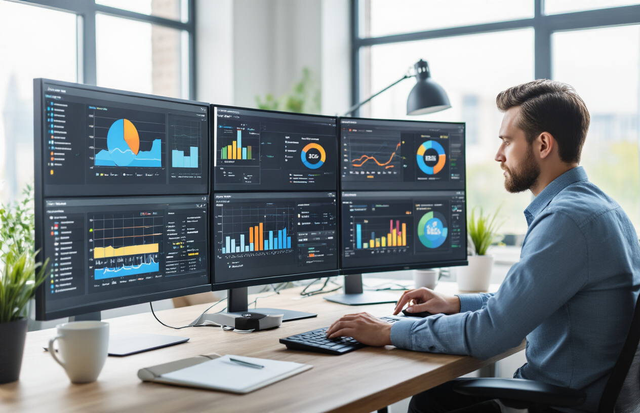 How to Complete a Topical Map SEO for Better Rankings 8 Create a realistic image of a modern office workspace with multiple computer monitors displaying colorful analytics dashboards, charts, and graphs showing website performance metrics, a white male professional in business casual attire analyzing data on screen while taking notes, clean desk setup with keyboard, mouse, and coffee cup, bright natural lighting from large windows, organized and focused atmosphere suggesting SEO monitoring and optimization work, absolutely NO text should be in the scene.