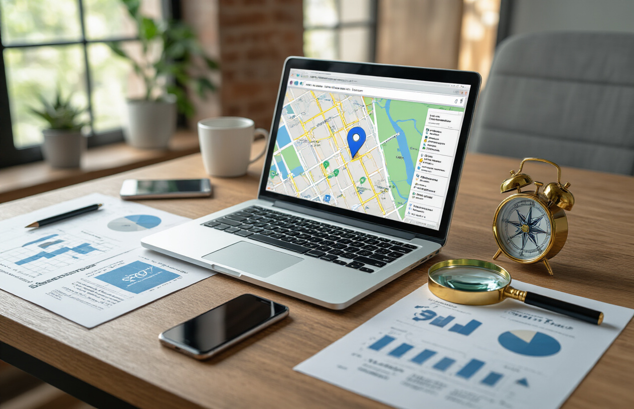 Create a realistic image of a modern office desk setup with an open laptop displaying Google Maps interface showing local business pin locations, surrounded by SEO analysis documents and charts, a smartphone showing a local search results screen, and digital marketing tools like magnifying glass and compass on a clean wooden desk, with soft natural lighting from a nearby window creating a professional business atmosphere. Absolutely NO text should be in the scene.