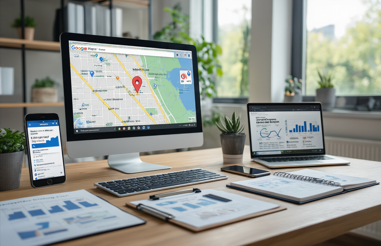Create a realistic image of a modern digital marketing workspace featuring a computer screen displaying Google Maps with multiple location pins and local business listings, surrounded by essential SEO tools including analytics charts, keyword research documents, mobile phone showing local search results, and a notebook with local business optimization strategies, set in a clean office environment with natural lighting from a window, professional atmosphere with organized desk setup. Absolutely NO text should be in the scene.