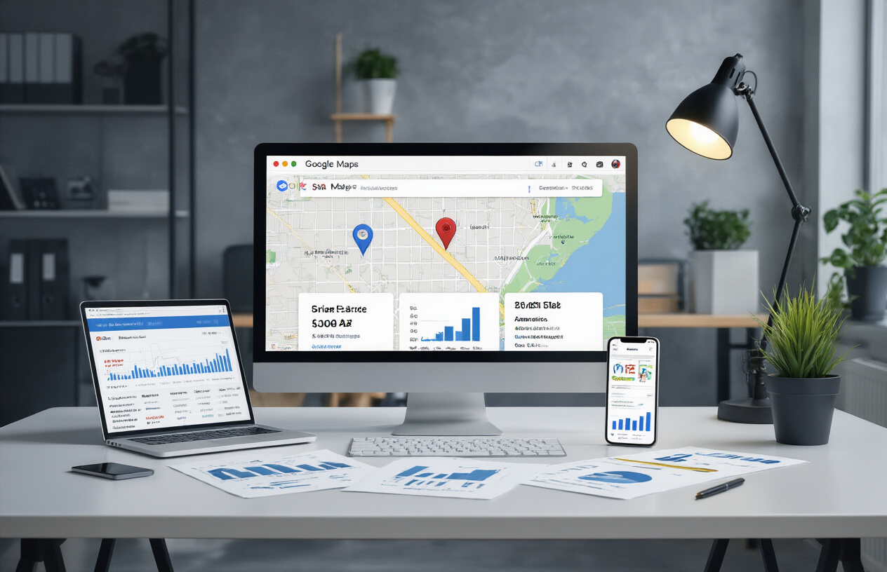 Create a realistic image of a modern digital marketing workspace showing a computer screen displaying Google Maps interface with multiple location pins and search results, surrounded by SEO analytics charts, local business data sheets, and ranking reports spread across a clean desk, with a smartphone showing map results nearby, professional office lighting, and a focused atmosphere suggesting advanced digital marketing strategies, absolutely NO text should be in the scene.