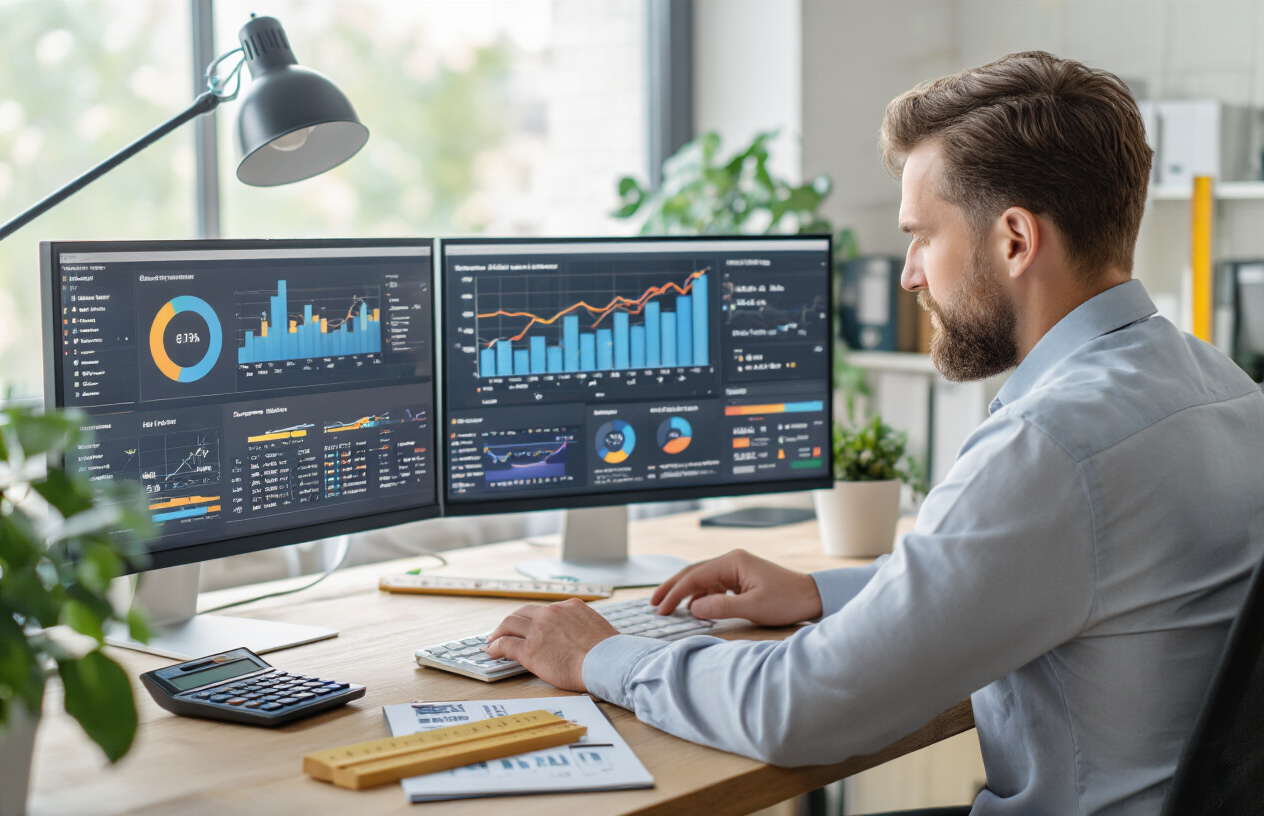 Create a realistic image of a professional white male business analyst sitting at a modern desk with dual monitors displaying colorful analytics dashboards, charts showing upward trending graphs and ROI metrics, a calculator and notepad with financial figures, Google Maps interface visible on one screen showing local business listings with rating stars, bright office lighting creating a productive atmosphere, clean minimalist background with plants, measuring tools like rulers and compass subtly placed on desk suggesting measurement and analysis concepts, Absolutely NO text should be in the scene.