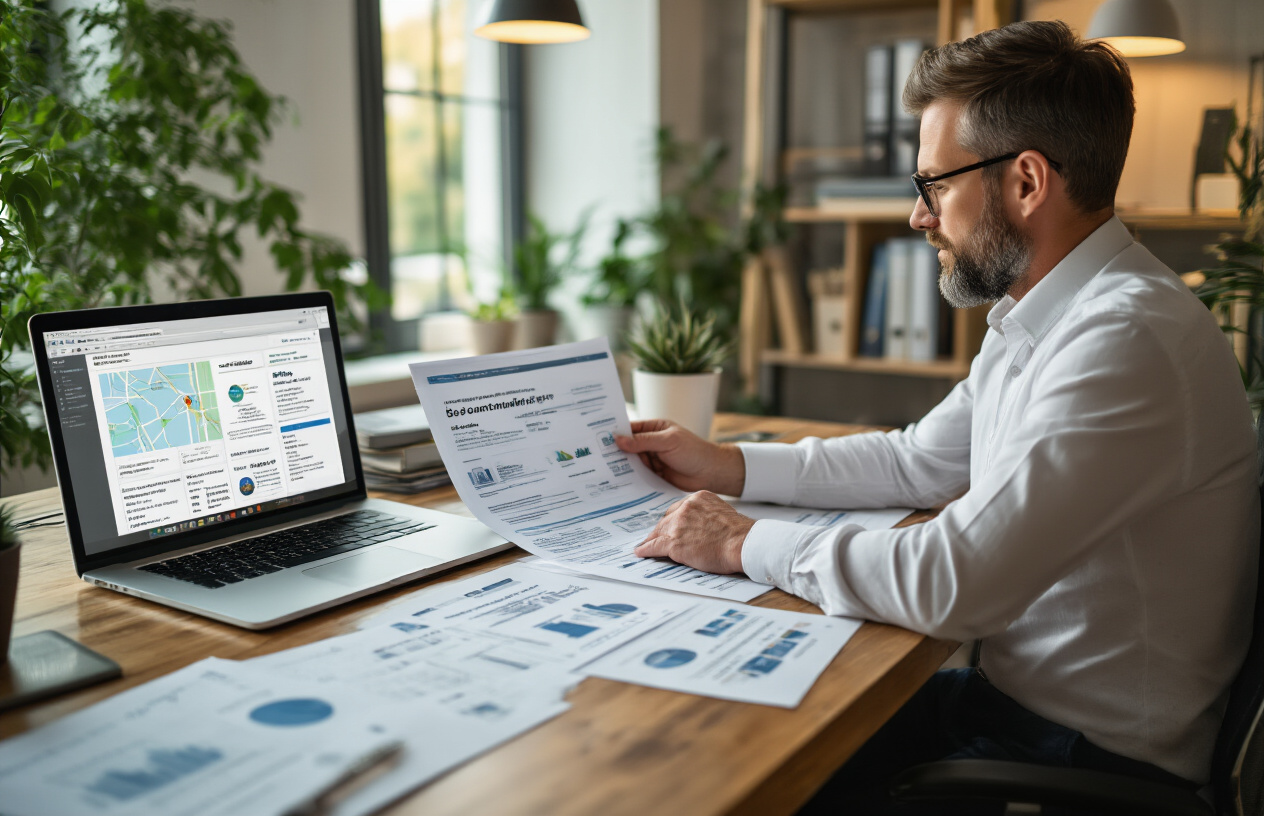 Create a realistic image of a professional white male business owner sitting at a modern office desk, carefully reviewing and comparing multiple digital marketing agency proposals and documents spread across his desk, with a laptop displaying local business listings and Google Maps interface, warm office lighting creating a focused atmosphere, plants and business books visible in the background, conveying the careful decision-making process of selecting the right SEO service provider, absolutely NO text should be in the scene.