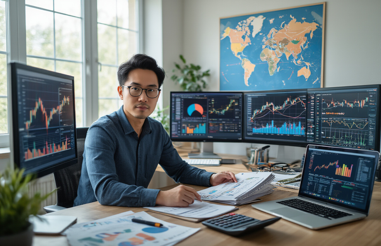 Create a realistic image of a focused Asian male entrepreneur in his 30s sitting at a modern desk with multiple computer monitors displaying colorful market analysis charts, graphs, and global trade data, surrounded by printed market research reports, a world map on the wall showing trade routes with pins and strings connecting different countries, a calculator, notebooks with handwritten notes, and a laptop showing export-import statistics, all set in a well-lit home office with natural daylight streaming through a window, conveying an atmosphere of discovery and analytical work, absolutely NO text should be in the scene.