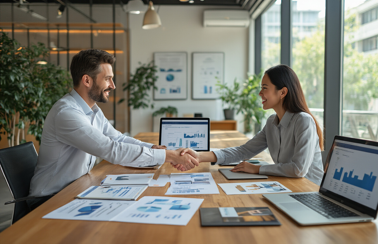 Create a realistic image of a diverse business meeting scene with a white male entrepreneur in his 30s shaking hands with an Asian female supplier representative across a modern conference table, with documents and product samples scattered on the table, laptops open showing charts and graphs, in a bright contemporary office space with large windows, warm natural lighting creating a professional yet approachable atmosphere, conveying partnership and collaboration without showing expensive corporate luxury, absolutely NO text should be in the scene.