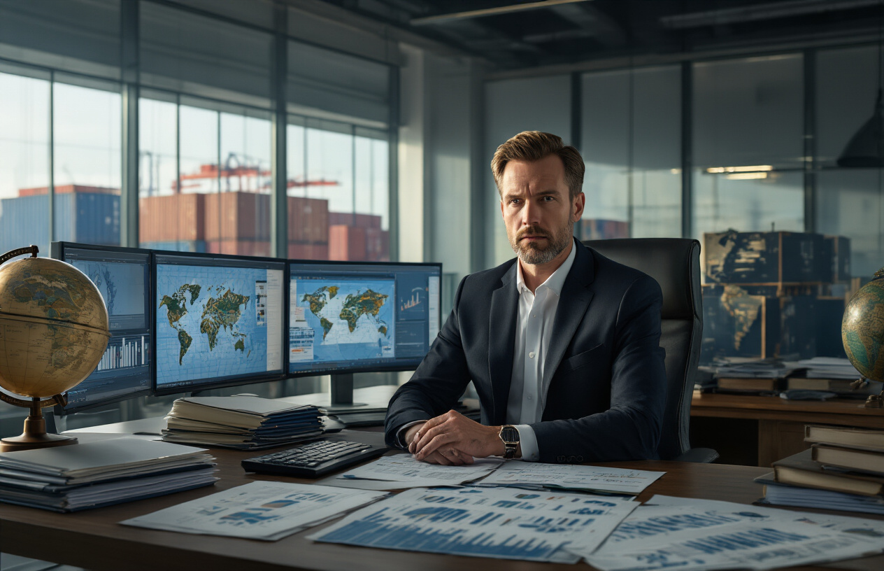 Create a realistic image of a professional white male businessman in a dark suit sitting at a modern office desk with multiple computer monitors displaying world maps, shipping routes, and regulatory documents, surrounded by stacks of international trade compliance folders, a world globe, shipping containers visible through large windows in the background, with dramatic lighting casting shadows across legal documents and regulatory charts spread across the desk, creating a serious and focused atmosphere that conveys the complexity of navigating international business regulations, absolutely NO text should be in the scene.