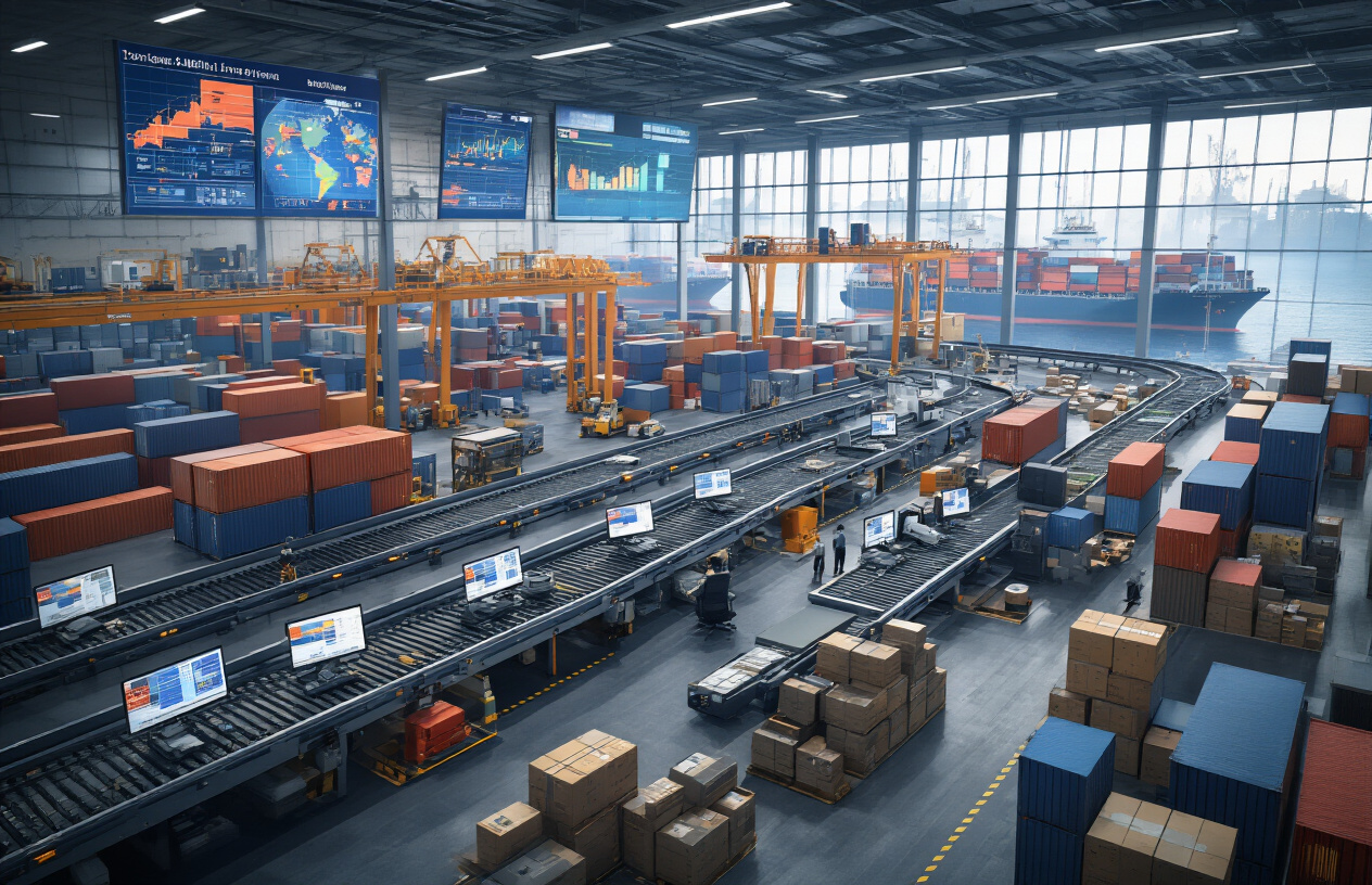 Create a realistic image of a modern automated warehouse facility with conveyor belts moving international shipping containers and packages, digital screens displaying global trade data and profit charts, robotic systems sorting export goods, multiple computer workstations with trading dashboards showing various world currencies and shipping routes, stacks of international shipping documents and customs forms, cargo ships visible through large windows in the background, professional lighting creating a high-tech atmosphere that conveys systematic passive income generation through international trade operations, absolutely NO text should be in the scene.
