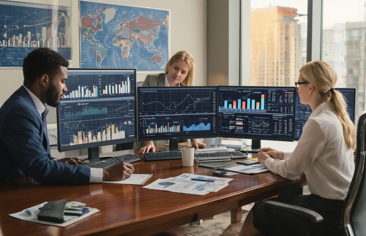 Create a realistic image of a modern office environment with financial charts, graphs, and risk assessment documents spread across a polished wooden desk, featuring a diverse group of business professionals (including a black male and white female) analyzing data on multiple computer monitors displaying import-export trade routes and profit margins, with a world map on the wall showing international shipping lanes, warm professional lighting illuminating the scene, conveying strategic planning and careful financial analysis atmosphere. Absolutely NO text should be in the scene.