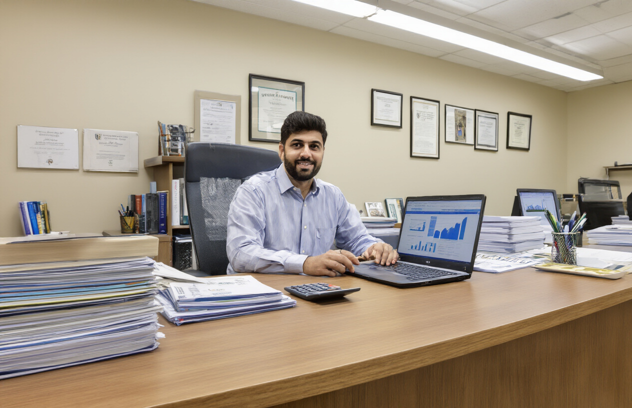 Create a realistic image of a modern university financial office or academic counseling center with a professional Pakistani male advisor in his 30s sitting at a clean wooden desk, laptop computer displaying financial charts and graphs, stacks of organized documents and brochures, calculator, pen holder with pens, a modern office chair, bright fluorescent lighting from above, neutral beige and white office walls with educational certificates hanging, professional atmosphere conveying academic planning and fee consultation, absolutely NO text should be in the scene.