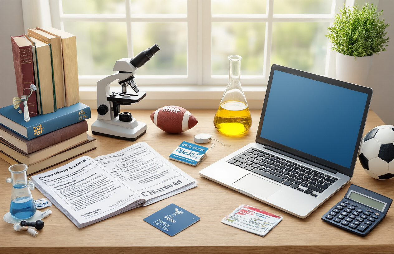 Create a realistic image of various university-related items and documents spread across a wooden desk surface including textbooks, laboratory equipment like microscopes and beakers, a laptop computer, university ID card, parking permit, medical insurance forms, sports equipment like a soccer ball, graduation cap, and calculator, all arranged in an organized manner with soft natural lighting from a window, representing additional educational costs beyond basic tuition fees, absolutely NO text should be in the scene.