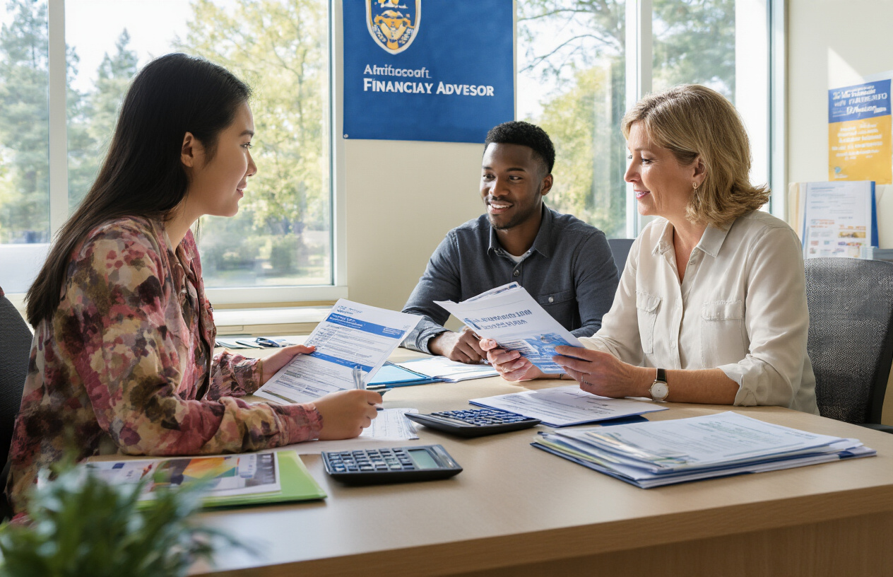 Create a realistic image of a modern university financial aid office with a diverse group of students including a young Asian female and a Black male student sitting at a consultation desk across from a middle-aged white female financial advisor who is showing them payment plan documents and brochures, with calculators, folders, and paperwork spread on the desk, bright natural lighting from large windows, professional yet welcoming atmosphere with university banners and educational posters on the walls, absolutely NO text should be in the scene.