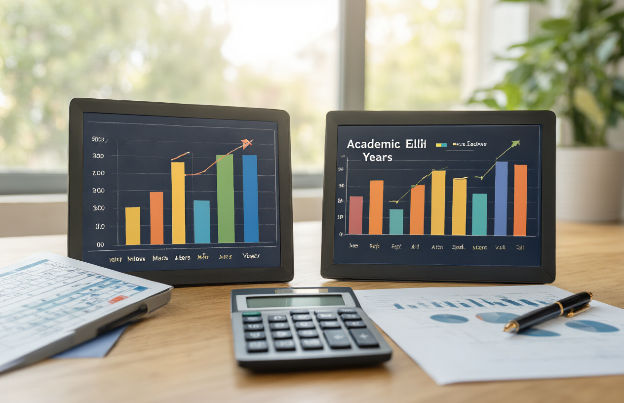 Create a realistic image of two side-by-side financial charts displaying bar graphs with different colored bars representing fee comparisons between academic years, with a calculator, spreadsheet documents, and a pen placed on a clean wooden desk surface, soft natural lighting from a window, professional office environment with neutral colors, absolutely NO text should be in the scene.