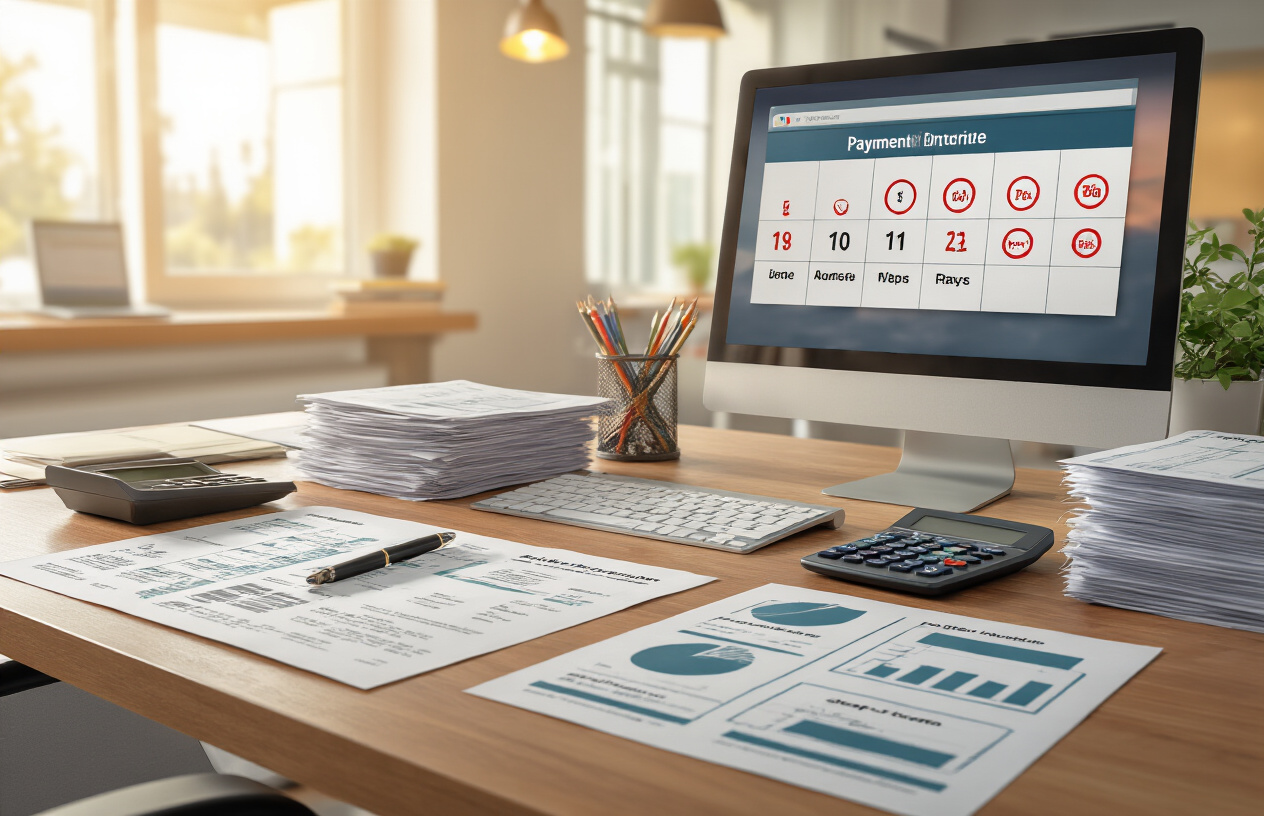 Create a realistic image of a modern university administrative office setting with a clean desk displaying organized financial documents, a calendar showing important dates marked with red circles, a computer screen showing a payment portal interface, stacks of payment receipts, a calculator, and step-by-step instruction sheets laid out in sequence, with warm office lighting creating a professional atmosphere, absolutely NO text should be in the scene.
