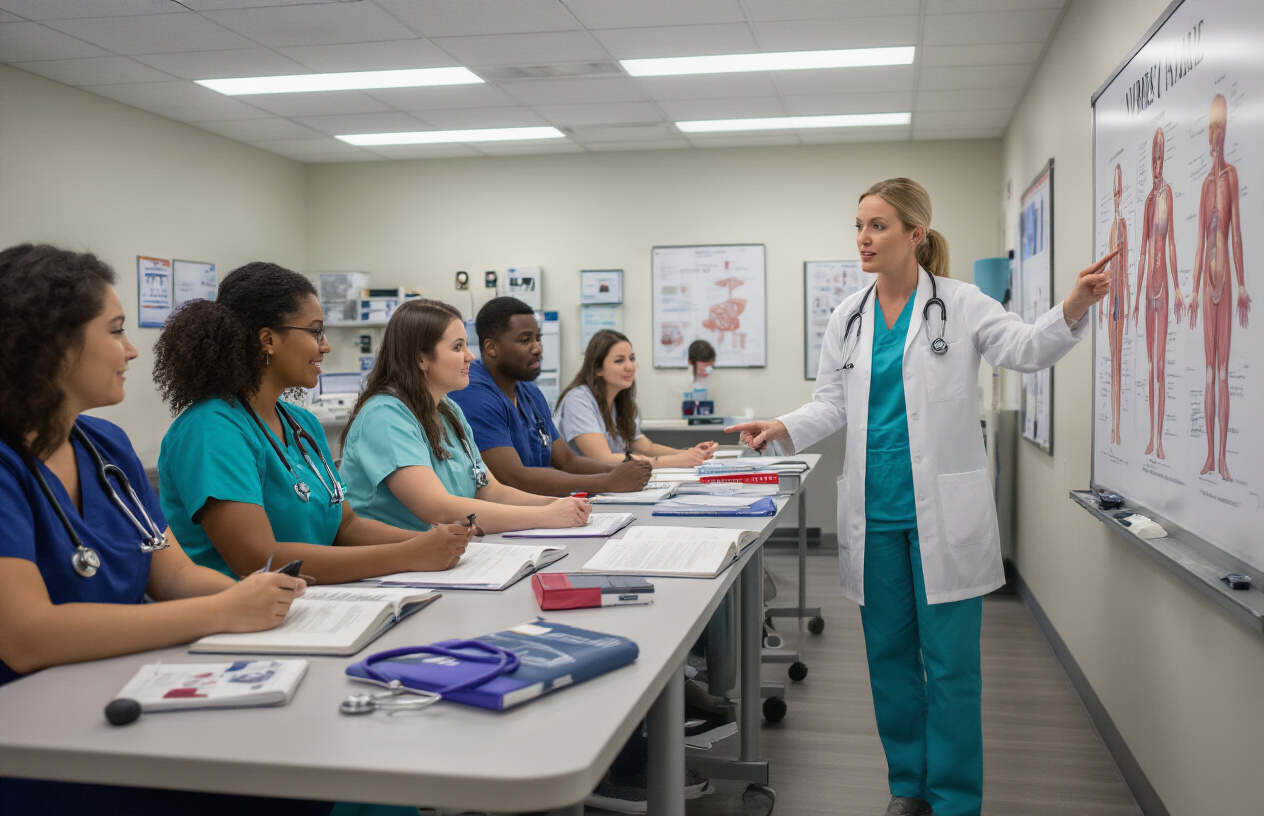 Create a realistic image of a modern nursing education classroom with diverse nursing students of various races and genders wearing scrubs sitting at desks with open textbooks and notebooks, a white female instructor in professional attire pointing to an anatomical chart on the wall, medical equipment like stethoscopes and blood pressure cuffs on tables, a whiteboard with nursing care diagrams, bright fluorescent lighting creating a professional academic atmosphere, medical posters and educational materials on the walls, and a clean, organized learning environment that represents excellence in nursing education, absolutely NO text should be in the scene.