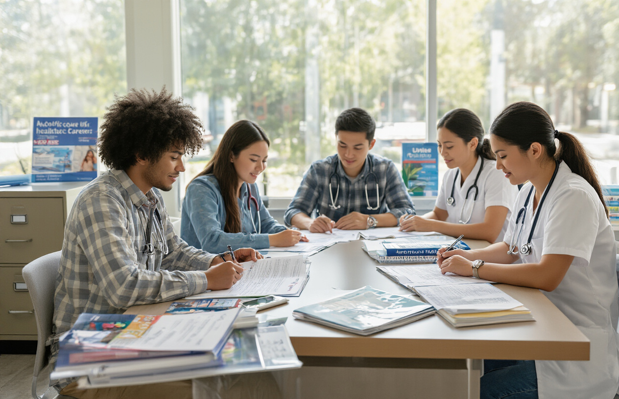 Create a realistic image of a diverse group of prospective nursing students including white, black, and Asian males and females sitting at desks in a bright, professional admissions office, carefully reviewing application forms and documents, with medical stethoscopes, nursing textbooks, and college brochures scattered on the desks, soft natural lighting streaming through large windows, creating a focused and hopeful atmosphere as they complete their paperwork, with filing cabinets and informational posters about healthcare careers visible in the background, absolutely NO text should be in the scene.