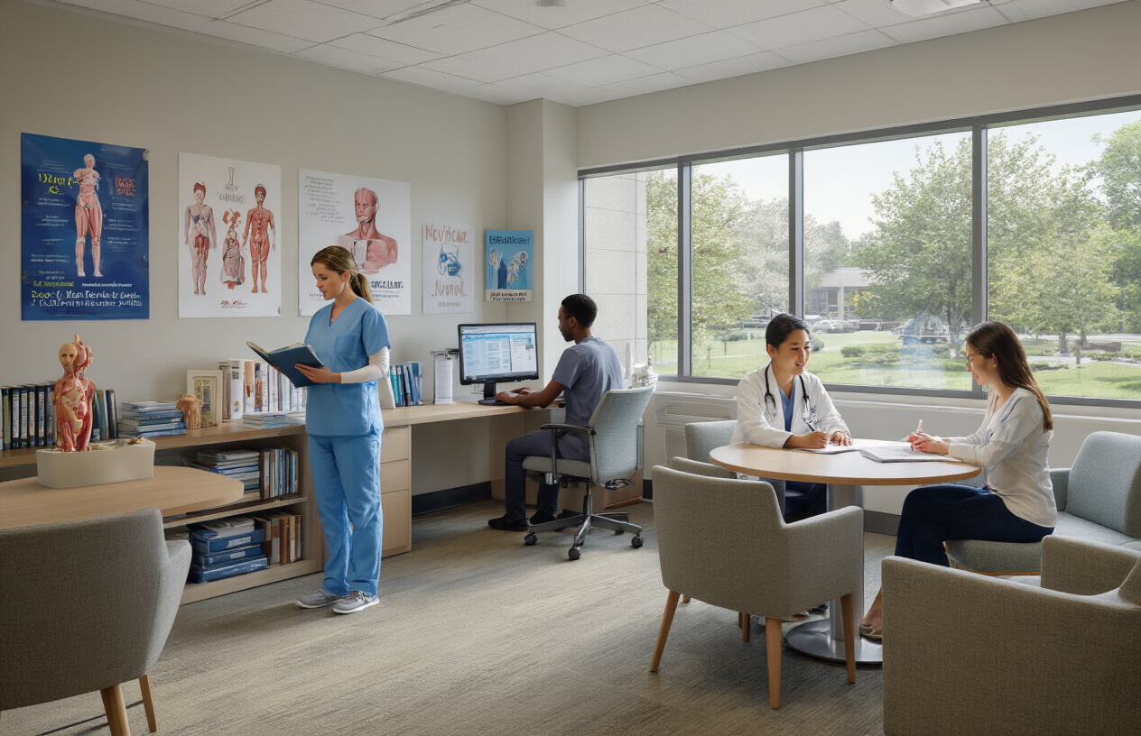 Create a realistic image of a modern nursing college faculty lounge and student support area with diverse faculty members including a white female professor in scrubs reviewing student files, a black male instructor at a computer providing online tutoring, and an Asian female counselor meeting with a young white female nursing student at a round table, surrounded by medical textbooks, anatomical models, motivational posters about healthcare careers, comfortable seating areas, large windows with natural lighting, and professional healthcare education materials displayed on shelves, conveying a supportive and academic atmosphere. Absolutely NO text should be in the scene.