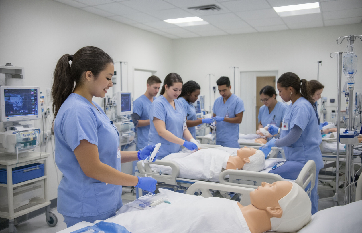 Create a realistic image of nursing students in light blue scrubs practicing clinical skills in a modern hospital training facility, with diverse female and male students of various races including white, black, and Asian backgrounds working with medical equipment, patient simulation mannequins, and hospital beds, supervised by professional instructors in a bright, clean medical environment with white walls, medical monitors, IV stands, and clinical supplies visible in the background, showing focused learning activities and hands-on medical training in progress, Absolutely NO text should be in the scene.