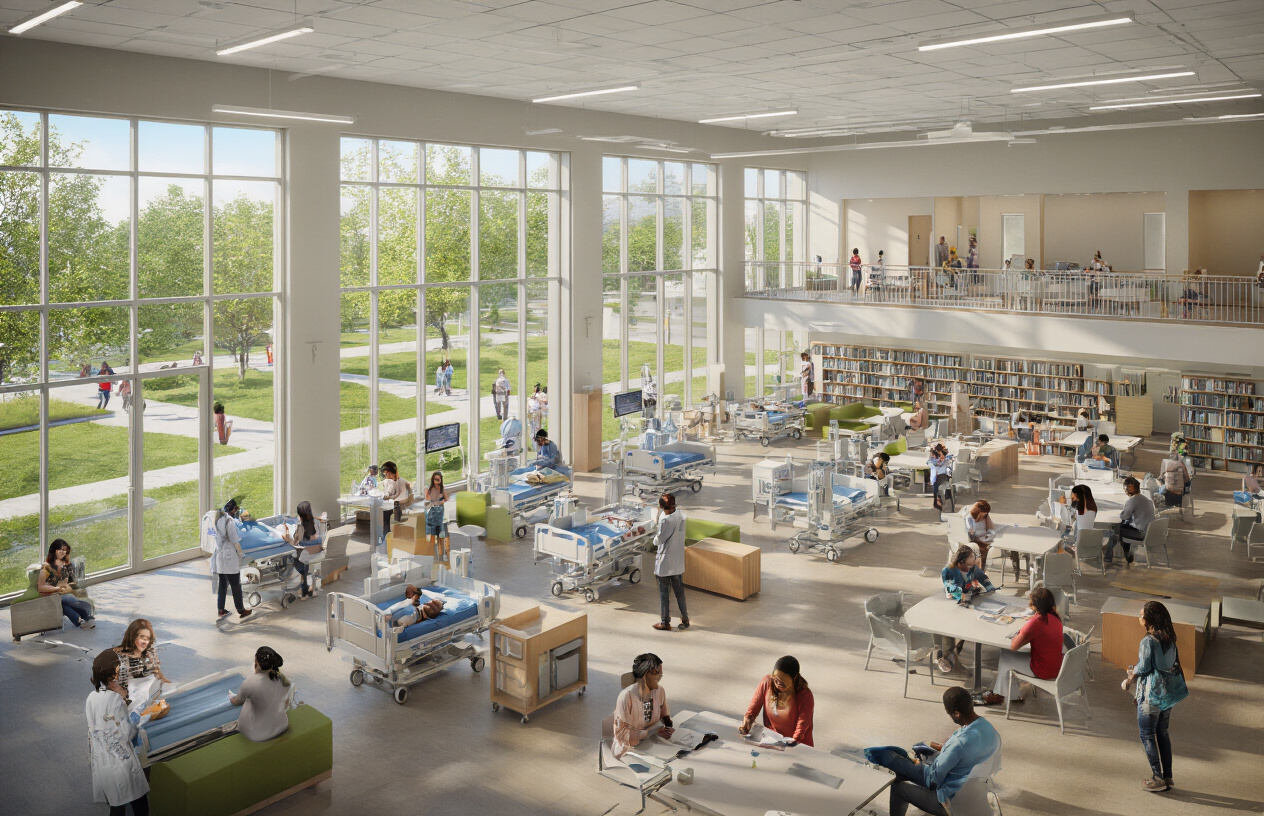 Create a realistic image of a modern nursing college campus showing state-of-the-art facilities including a well-equipped simulation laboratory with hospital beds and medical equipment, bright classrooms with students studying, a clean library with study areas, comfortable student lounges, and outdoor green spaces with walkways, featuring diverse students of various races and genders engaged in learning activities, set in a bright daylight atmosphere with professional lighting that conveys a welcoming educational environment, absolutely NO text should be in the scene.
