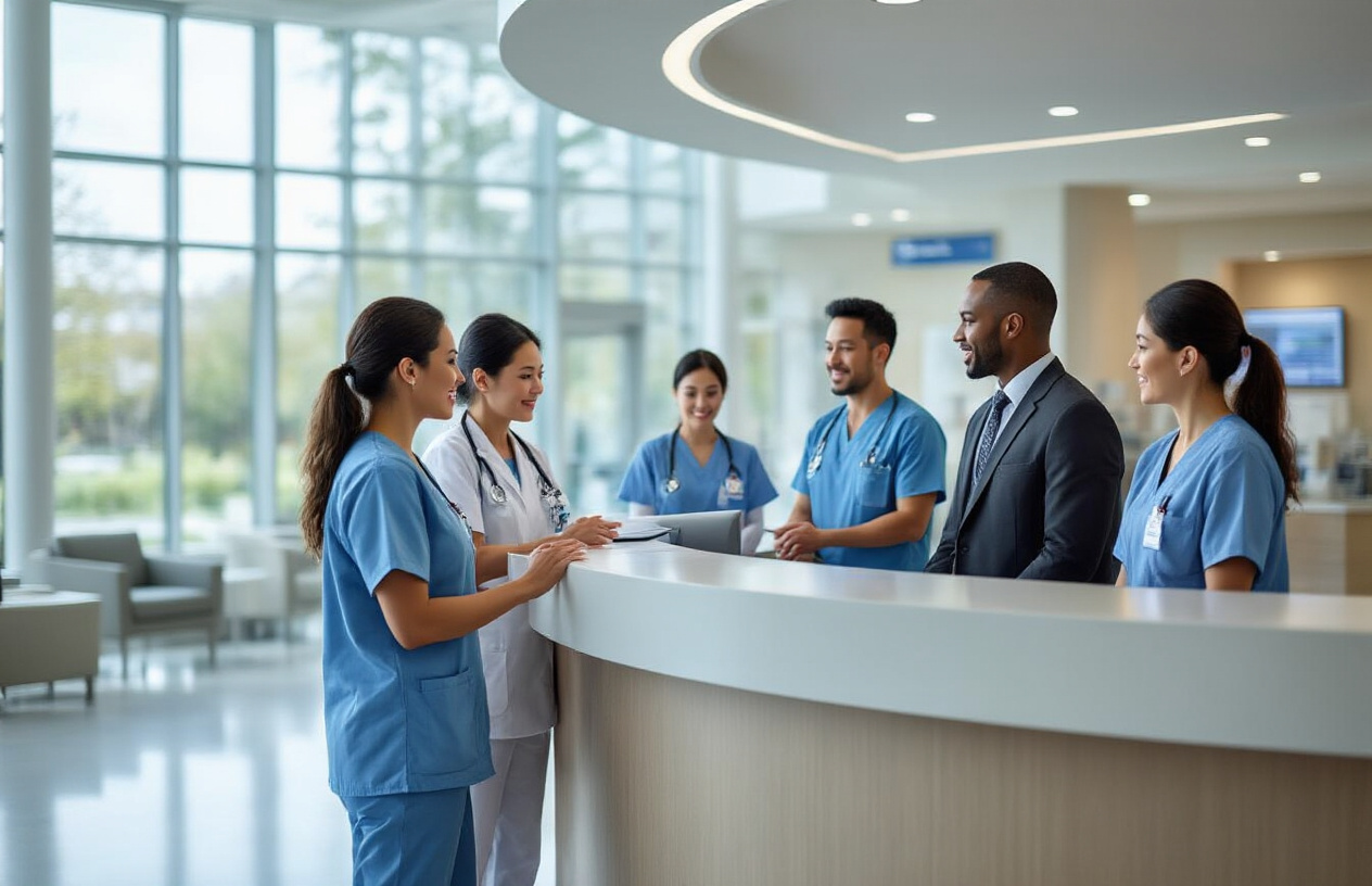 Create a realistic image of a modern hospital or healthcare facility lobby with diverse nursing professionals in scrubs - including white female, black male, and Asian female nurses - engaging in professional conversations with healthcare administrators in business attire, with a sleek reception desk, medical equipment visible in the background, bright natural lighting streaming through large windows, professional networking atmosphere, and corporate healthcare setting elements like information displays and comfortable seating areas. Absolutely NO text should be in the scene.