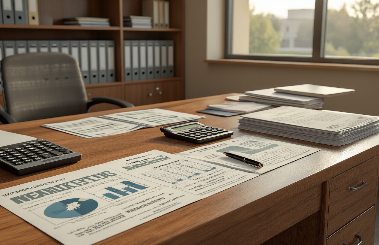 Create a realistic image of a modern university administrative office with a clean wooden desk displaying organized financial documents, fee charts, and program brochures spread across the surface, a calculator and pen placed nearby, with filing cabinets in the background, warm professional lighting illuminating the scene, and a Pakistani university campus visible through a window, absolutely NO text should be in the scene.